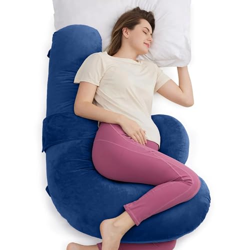 Image of J-Shaped Sleeping Pregnancy Pillow| Removable Velvet Covers| PregnoCare Fibres| Baby Shower Gift, Maternity, Nursing| Full Body Soft-Support Bump, Head, Back, Shoulder, Hips, Legs and Belly (Blue)