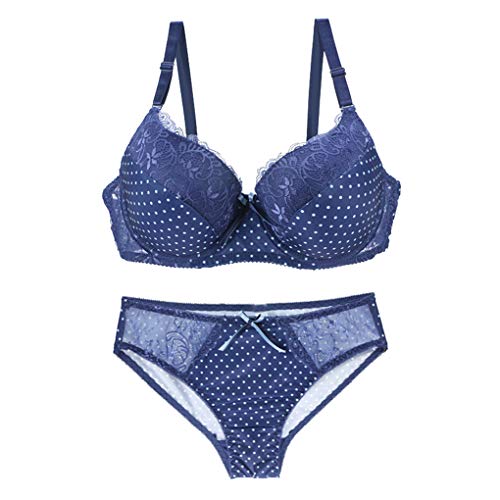 Women Satin Bowknot Lace Polka Dot Bra and Panty Set Underwire Bras Lingerie Set Brassieres for Women Royal Blue Size 38D