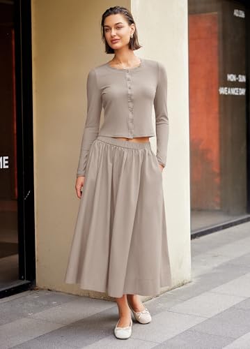 Image of Panadila Womens 2 Piece Lounge Sets Matching Vacation Outfits Ribbed Button Down Cardigan and Elastic Waist Skirt Sets