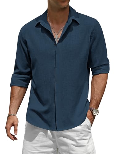 TARAINYA Camisa Lino Hombre Manga Larga Verano Casual Regular Fit Botones Ocultos Azul Oscuro M