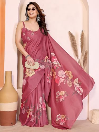 Image of Satrani Women's Tussar Silk Floral Printed Saree with Unstitched Blouse Piece