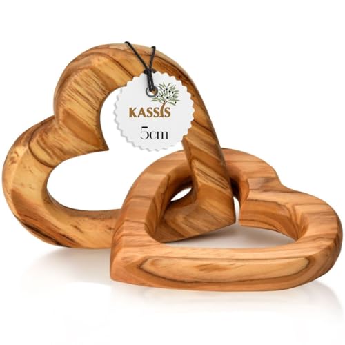 Kassis Cœurs en Bois d’Olivier pour Couple – Cadeau de Mariage, Saint-Valentin, Anniversaire, jubilé – Cœurs entrelacés – 5 cm