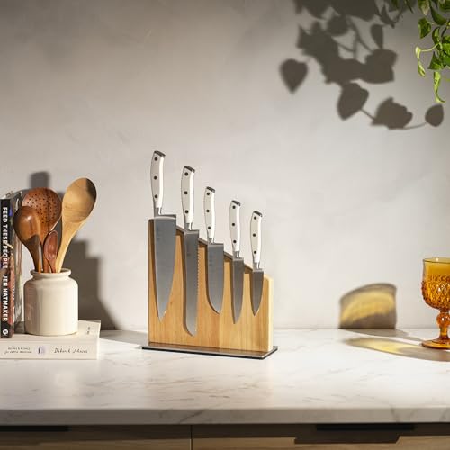 Image of Yatoshi Knives Yatoshi Magnetic Kitchen Knife Block Set 6 Pcs White - Pro Kitchen Knife Set Ultra Sharp High Carbon Steel