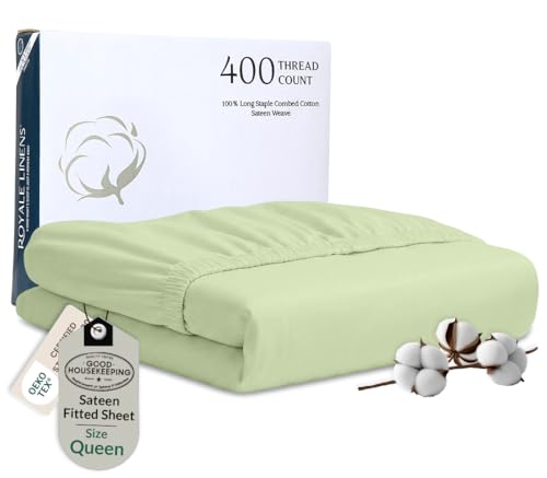 Image of Royale Linen 400 Thread Count Queen Fitted Sheets Only - 100% Cotton Queen Bed Fitted Sheet - Luxury Sateen Weave - All Around Elastic Deep Pocket -Soft Bottom Sheets - Fit Up To 16 inch (Florentine Sage)