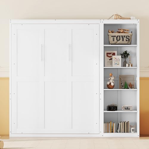 Image of Merax Space-Saving White Murphy Bed Full Size with Adjustable Storage Shelves, Multifunctional Foldable Wall Bed for Small Spaces Studio Study Office Guest Room