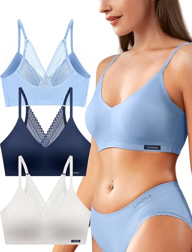 Image of Livona Lace Bralette for Women - Comfort Sports Bra Wireless Padded Bralette with Support Workout Tops Cami Crop S-XXL