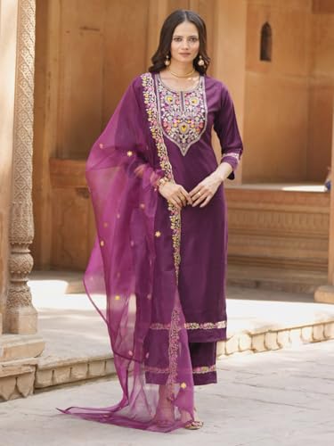 Image of VredeVogel Kurta Set with Dupatta | Viscose Rayon Embroidered Kurta Set for Women | Women's Ethnic Casual Kurti Set |Kurta Pant Festive Suit