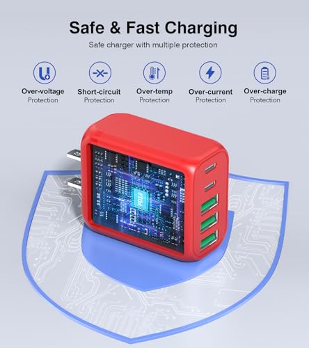 Image of 50W USB C Wall Charger, 2Pack 5-Port C Charger Fast Charging Block PD Power Adapter +QC Multiport Type C Box Brick Cube USB A Wall Plug for iPhone 14 /15 /16 /17 Pro Max, iPad,Samsung Galaxy(Red)