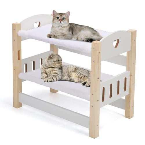 Cat Hammock Beds, 2 Layers Elevated Cat Beds for Indoor Cats, Sturdy Pine Wooden Furniture for Puppy Small Pets, Raised Cat Bed with Soft Plush Sheets for Better Sleep, Love Pattern, 22
