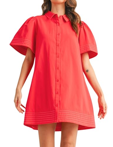 Image of Womens Short Sleeve Button Down Mini Shirt Dress Lapel Collar Short Dresses with Pocket