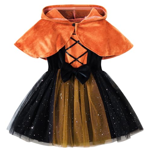 ROYLAMP Toddler Girls Witch Halloween Paillette Tulle Dress Sets Funny Holiday 2 Pieces Hooded Cape 1-6T