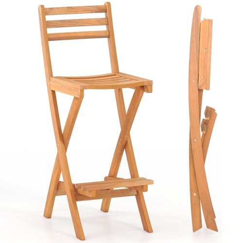 COSTWAY Outdoor Folding Bar Stool Acacia Wood High Top Chairs with Slatted Backrest Safety Lock Space-Saving Patio Barstools for Backyard Poolside Garden Balcony
