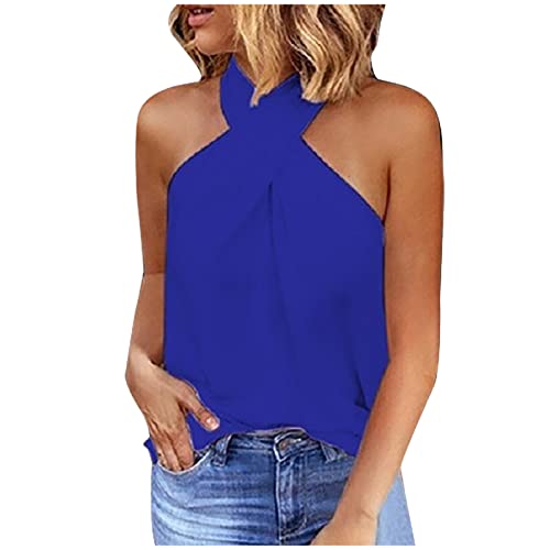 Chalecos con cuello halter para mujer, camiseta sin mangas con hombros descubiertos para verano, a la moda, casual, con parte delantera cruzada, camisola para mujer, blusa para salir, camisas de venta
