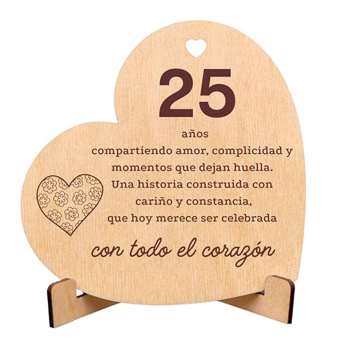 CUBIBOO ART Tarjeta de Madera en Forma de Corazón Regalo 25 Aniversario Boda – Detalle Bodas de Plata – Detalle Hecho a Mano para Parejas