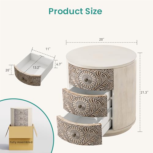 Image of SUNBURY End Table Living Room Small Side Table w 3 Drawers, Vintage Bedside Table, Elegant Nightstand Small Dresser for Bedroom, Lightweight MDF Accent Table (Floral Texture)