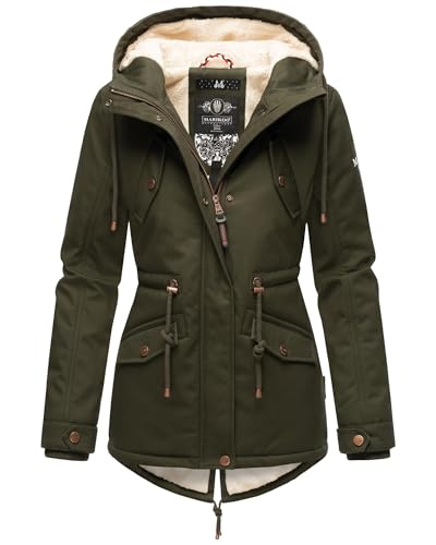 MARIKOO Damen Winter Jacke Parka Winterjacke Teddyfell gefüttert B376 [B376-Manolya-Dark-Olive-Gr.S]