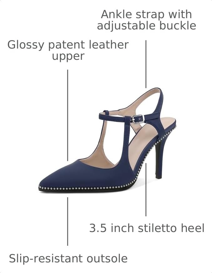Image of SAMMITOP Womens High Heels Ankle Strap Pointed Toe Stilettos Patent Leather Beaded Pumps Dress Shoes 3.5 Inch