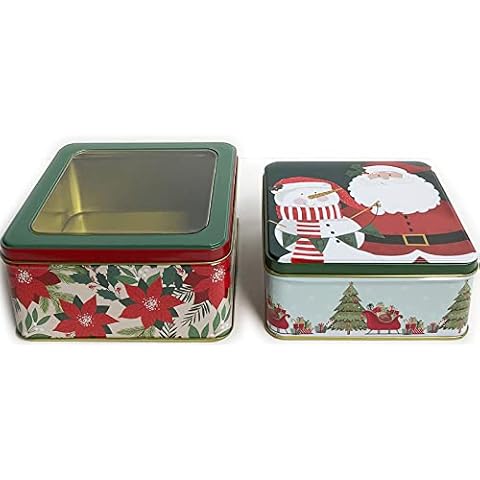 Christmas Cookie Tins with Window Lids for Gift Giving Empty Candy Snack Pastry Treat Swap Box Cerebrate a Holiday Set of 2 Goodies Party Favors Metal Containers Santa & Snowman Cover