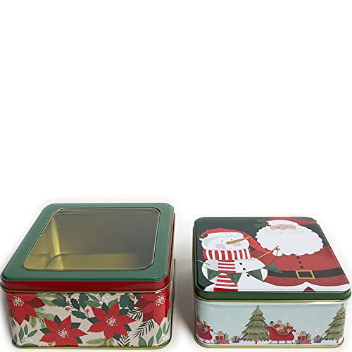 Christmas Cookie Tins with Window Lids for Gift Giving Empty Candy Snack Pastry Treat Swap Box Cerebrate a Holiday Set of 2 Goodies Party Favors Metal Containers Santa & Snowman