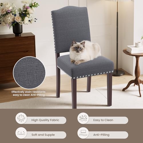 Image of Upholstered Dining Chairs Set of 2 with Thickened Seat Cushion, Wooden Mid-Century Modern Fabric Farmhouse Kitchen Chairs for Dining Room Living /Restaurant /Reading Room