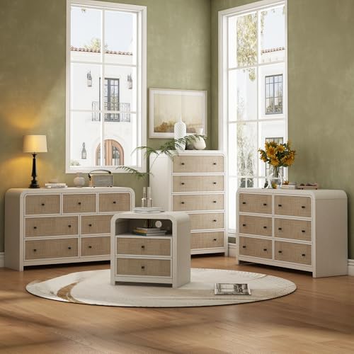 Image of Oak&Sparrow 5 Drawer Tall Dresser for Bedroom, 47'' Rattan Dresser with Ample Storage, Boho Chest of Drawers, Thickened Curved Profile Design, Oak Dressers for Bedroom, Living Room