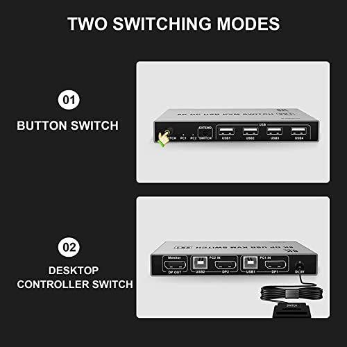 Image of DisplayPort Switch - Microware 8K 2 in 1 Out DP USB KVM Switch Box Keyboard Mouse Printer U Disk Switcher Include 2 USB Type-B Cable Support 8K@60Hz for Windows Mac