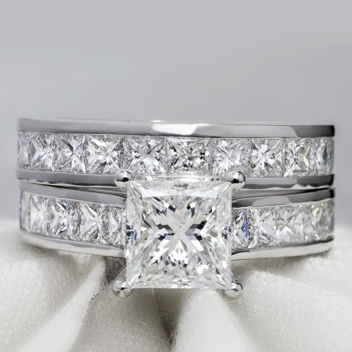 Princess Cut Wedding Ring Set for Women White Gold 1 Carat Center Moissanite Bridal Sets Wedding Rings Engagement Ring Set Platinum Plated Silver 10K 14K 18K Gold4