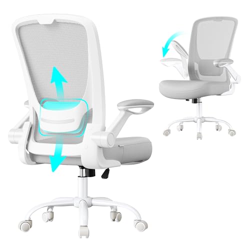 SONGMICS Silla de Oficina, Silla de Escritorio de Malla, Silla Giratoria Ergonómica, Soporte Lumbar, Oscilante, Asiento de 53 cm, Apoyabrazos Abatibles, Gris Paloma OBN037G02