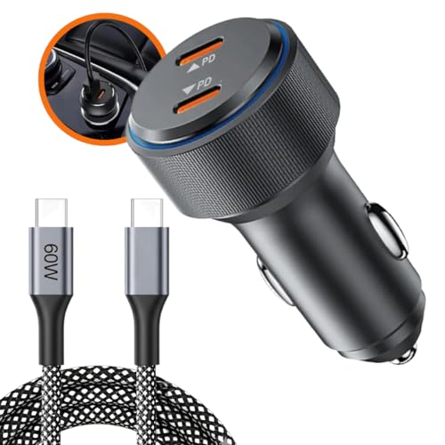 Carregador Veicular Turbo 60W USB-C Duplo com Cabo Reforçado | Carregamento Rápido PD para iPhone 15, 16 e 17 Pro Max, Samsung e Android | AutoCharge