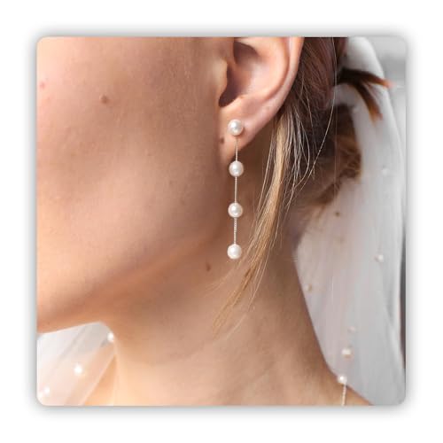 Sereney Sterling Silver Pearl Earrings for Women, Pearl Dangle Earrings for Bride as Wedding Earrings Freshwater Pearl Drop Jewelry as Bridesmaid Earrings Pearl Jewelry as Birthday Gifts