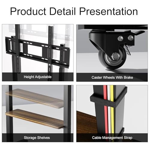 UNHO Mobile TV Stand with Wheels for 40-100 Inch Screens, Adjustable Height TV Floor Stand with 2 Shelves, Rolling TV Cart with Lockable Casters, Max Load 50kg, VESA up to 800×600mm - Image 5