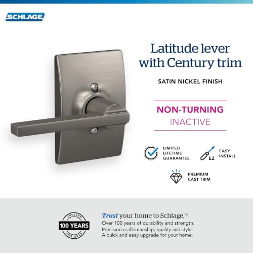 Image of Schlage F170 LAT 619 CEN Latitude Door Lever with Century Trim, One Sided Non-Turning Dummy Door Handle, Satin Nickel