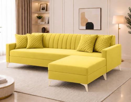 Image of AMATA Falcon ele 4 Seater Fabric Suede Velvet Yellow Colour Sofa Set with Four Cushions Perfect for Home Office Guests Living Room (Falcon Yellow 01, Falcon 4 Seater l Shape)(3 Year Warranty)