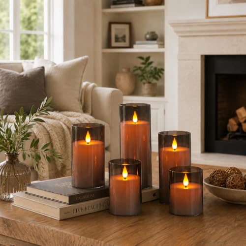 Image of Fo32won Grey LED Flameless Pillar Candles Battery Operated with Remote Timer, 5 Pack 3D Flickering Acrylic Candles for Home Living Room Bedroom Fireplace Wedding Party Holiday Decor & Gift