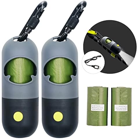Morn Light 2 Pack Poop Bag Holder with Flashlight Dog Poop Bag Dispenser with Leak-Proof Green Poop Bags for Dog Walking(Rechargable,2 Dispenser 60 Bags) (Black) Cover