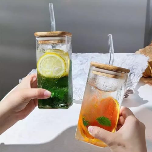 Image of ANKUL Glass Tumbler with Straw and Bamboo Lid 400ml, Glass Mason, Clear Coffee Mugs for Straw and Direct Drinking Mouth Dual Use, Travel Sipper Bottle (1, Square)