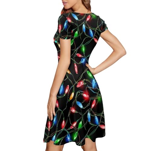 Image of POLERO Women Puffy Swing Elegant Party Midi Dresses Short Sleeve Round Neck A-Line Dress