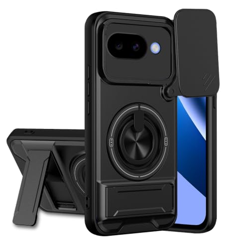 Image of Google Pixel 10A 5G Back Cover | Armor Camera Slider 360 Degree Rotating Finger Ring Holder Case with Bracket Stand Back Case Cover (Compatible with MagSafe Accessories) (Black)