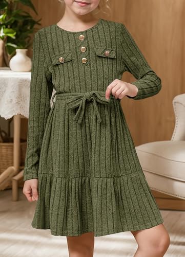 YOVION Girls Fall Long Sleeve Dress Knit A-Line Ruffle Tiered Holiday Casual Sweater Dresses with Belt for 6-12 Y2