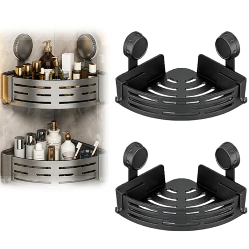 2 Pack Triangle Suction Cup Shower Caddy – Rust-Free Bathroom Shelf with Strong Suction Cups, Corner Organizer for Accessories (Black)
