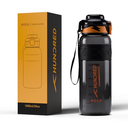 Image of Hundred Rock 1 Litre Water Bottle | 1000ml / 34oz | BPA Free | One Key Open Safety Lock | Spill and Leak Proof Sports, Travel, Gym Bottle (Black /Orange)