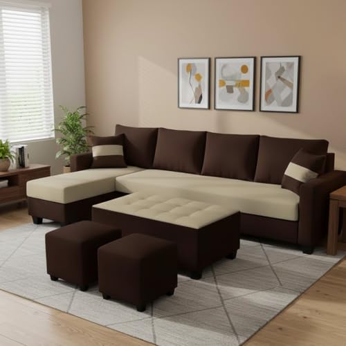 Image of CASASTYLE Adonway 8 Seater Fabric LHS L Shape Sofa Set (Cream-Dark Brown) Premium Velvet Finish | Ideal for Living Rooms