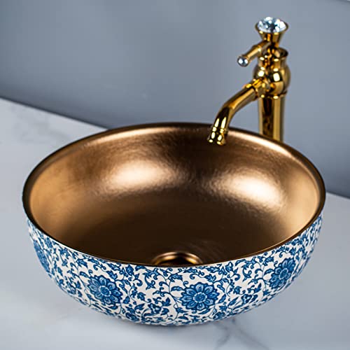 Classical Art Blue White Porcelain Vessel Sinks With Gold Faucet And Pop Up Drain Combo For Bathroom #TOP1