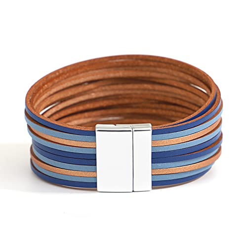 Hotoo Boho Ladies Leather Bracelets For Women Blue Bohemian Handmade Stackable Layered Womens Bracelets Colorful Multi Strands Wrap Bracelet Trendy Jewelry #TOP4