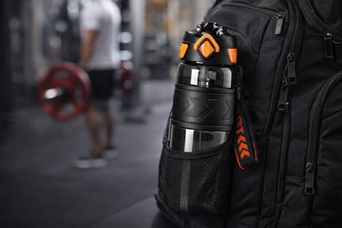 Image of Luvre Sports Water Bottle with Flip Top Lid, Black and Orange, BPA Free Tritan Material, Leak Proof Design with Carry Strap