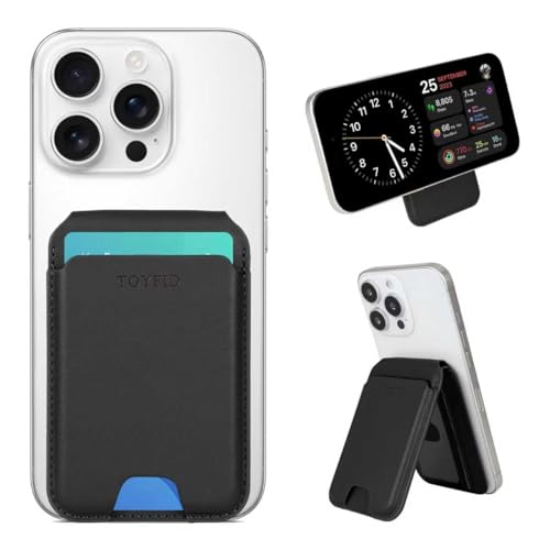 TOYFID Compact Card Holder for Phone Stand 5 Credit/ID Cards Wallet RFID Blocking Bifold Magnetic Wallet with ID Window for iPhone 17/16/15/14/13/12/Pro/Pro Max (Not Mini) Series Black