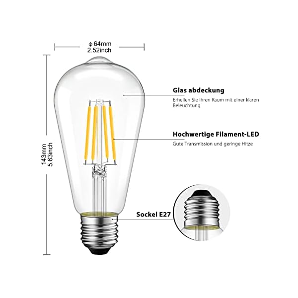 LVWIT Glühlampe LED Classic Edison Lampe E27, 4W ersetzt 40 Watt, 470lm, 2700K warmweiß, ST64 vintage (6er Pack) – Bild 6
