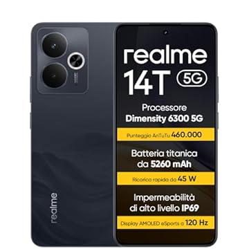 realme 14T 5G Smartphone 8+256 GB, Processore Dimensity 6300 5G, Batteria titanica da 5260 mAh, Ricarica rapida da 45 W, Display AMOLED eSports a 120 Hz, IP69, NFC, Nero