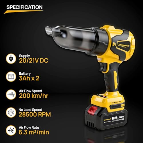 Image of TOMAHAWK CTB-20A Cordless Turbo Blower with 20V 3.0Ah x 2 Batteries, GS & CE Certified, Air Flow Speed 200km /hr, LED Light & Battery Indicator