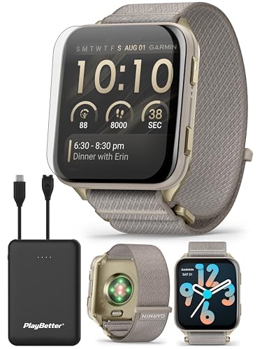 PlayBetter Garmin Venu X1 (Soft Gold/French Gray) Fitness GPS Smartwatch Bundle - 2" Thin AMOLED Display, Advanced Health and Fitness 5000mAh Portable Charger & HD Screen Protectors